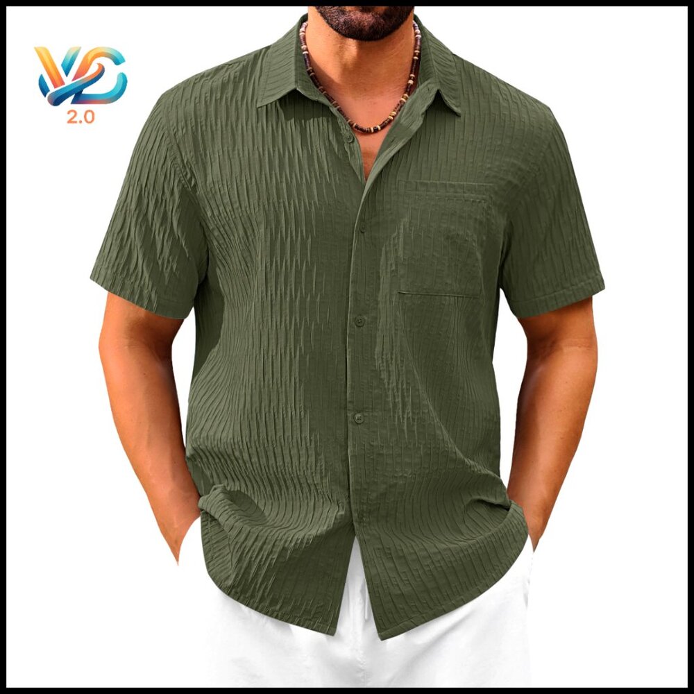 Men's Short Sleeve Button Down Shirt‎ Textured Fabric Casual Beach Vacation